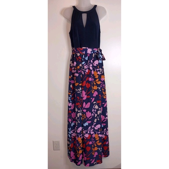 Vince Camuto Sz 6 Navy Floral Maxi Dress Halter Keyhole Belted Party Guest Chic - Picture 2 of 9